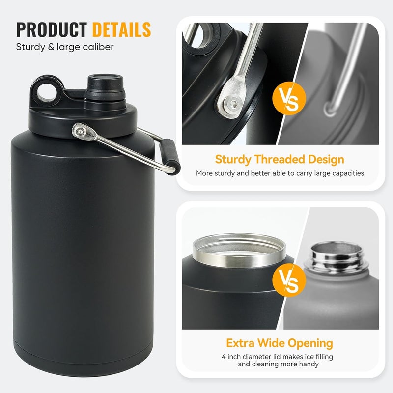 Kerilyn Insulated Gallon Jug with Handle, One Gallon, 128oz Stainless Steel, Large Double Vacuum Water Bottle for Hot & Cold Drinks, Wide Mouth, Sweat Proof, Great for Travel, Camping, Black - Image 4